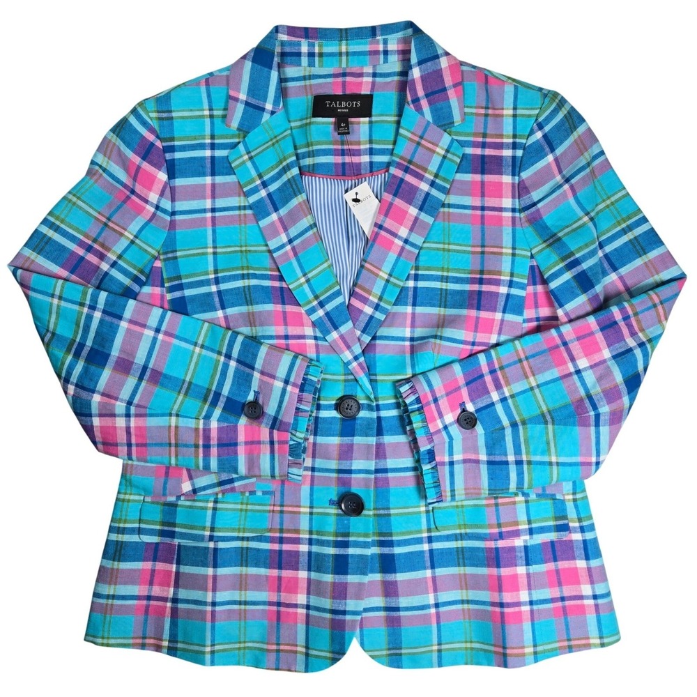 Talbots Petite 4P Madras Plaid Linen Blend Blazer Blue Pink Green Ruffle Cuff - Picture 1 of 10